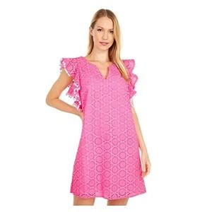 Lilly Pulitzer Astara Dress Prosecco Pink Ruffled Pom Pom Eyelet Mini XS…